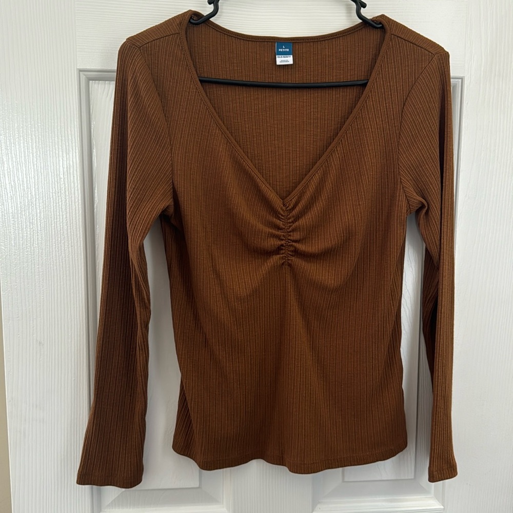 Old Navy Brown Ribbed Long Sleeve Shirt - Size L Petite